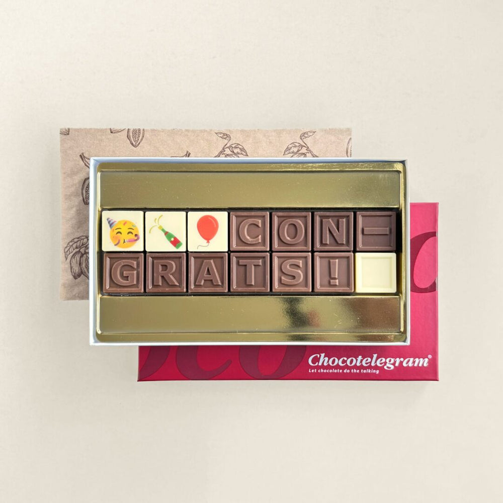 Chocoladetelegram met tekst, uitvoering con-grats! (14 blokjes)