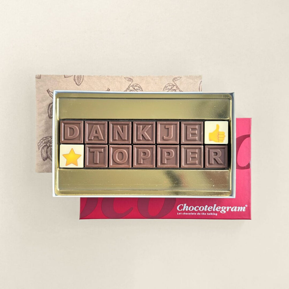 Chocoladetelegram met tekst, uitvoering dankje topper (14 blokjes)