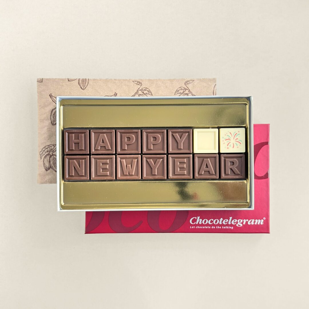 Chocoladetelegram voor Kerst, uitvoering Happy New Year, 14 blokjes