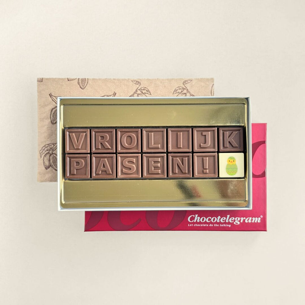 Chocoladetelegram voor Pasen, uitvoering Vrolijk Pasen! (14 blokjes)