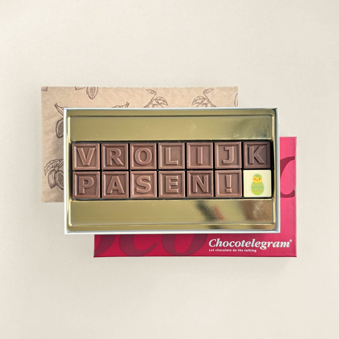 Chocoladetelegram voor Pasen, uitvoering Vrolijk Pasen! (14 blokjes)