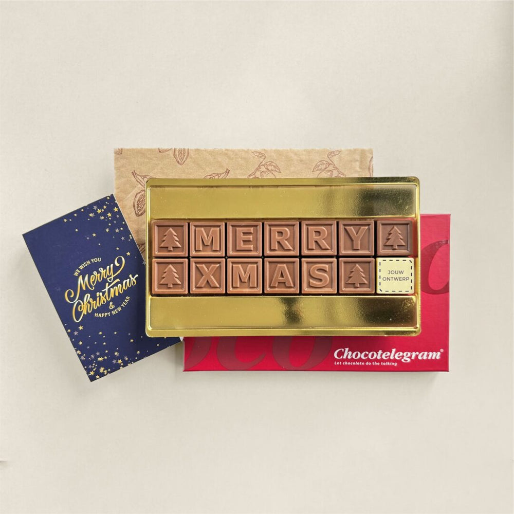 Chocoladetelegram voor Kerst, uitvoering Merry Xmas, 14 blokjes met logo