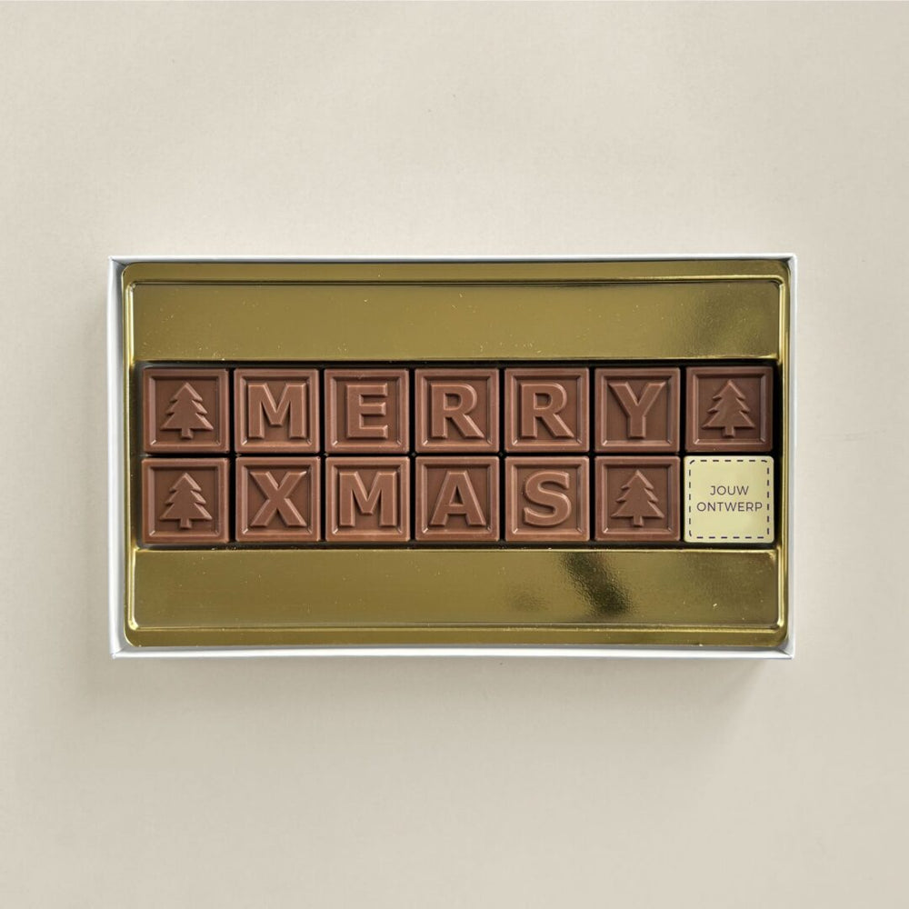 Chocoladetelegram voor Kerst, uitvoering Merry Xmas, 14 blokjes met logo, ander aanzicht