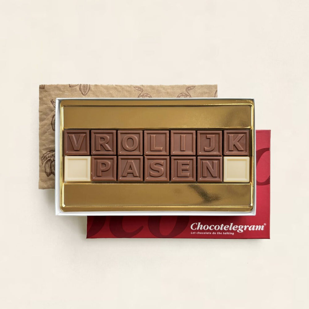 Chocoladetelegram voor Pasen, uitvoering Vrolijk Pasen (14 blokjes)