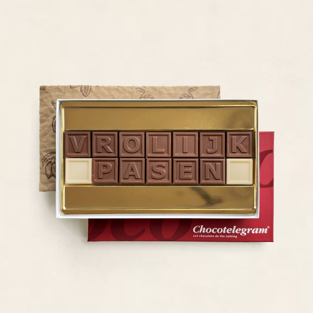 Chocoladetelegram voor Pasen, uitvoering Vrolijk Pasen (14 blokjes)
