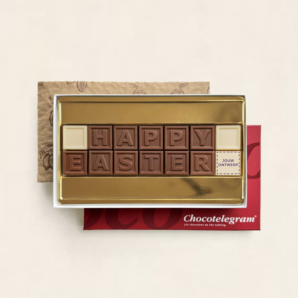 Chocoladetelegram voor Pasen, uitvoering Happy Easter met logo (14 blokjes)