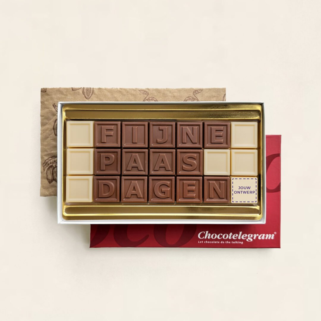 Chocoladetelegram voor Pasen, uitvoering Fijne paasdagen met logo (21 blokjes)