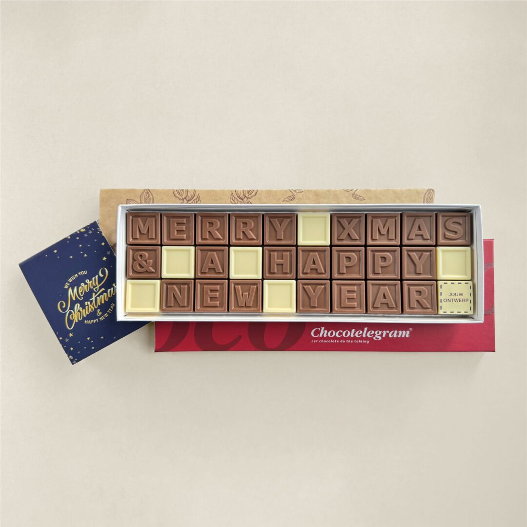 Chocoladetelegram voor Kerst, uitvoering Merry Xmas & a Happy New Year, 30 blokjes met logo
