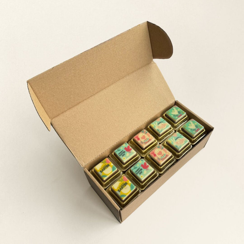 Chocoladeblokje met logo, uitvoering Pasen in monotray, 11 gram