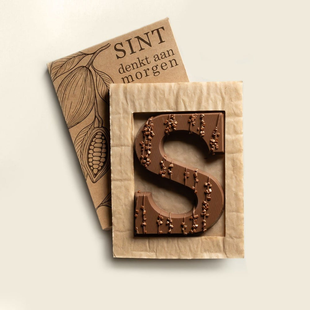 Luxe chocoladeletter S, uitvoering bronzen blokjes, melk