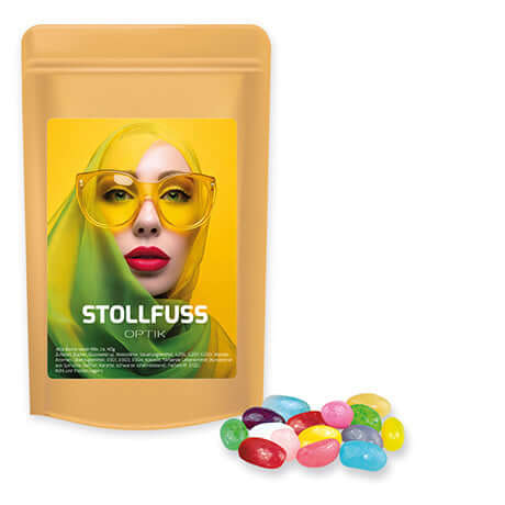 Jelly beans zure mix (100 gram) in bruine stazak met etiket
