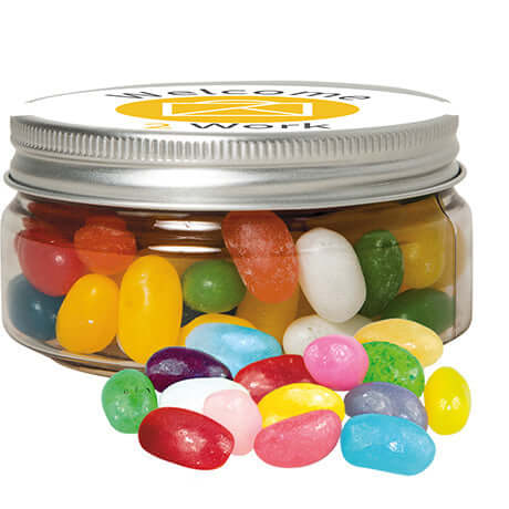 Jelly beans zure mix (80 gram) in snoeppotje met etiket