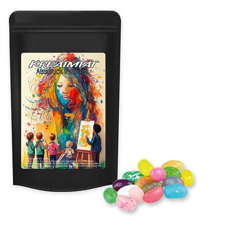 Jelly beans zoete mix (100 gram) in zwarte stazak met etiket