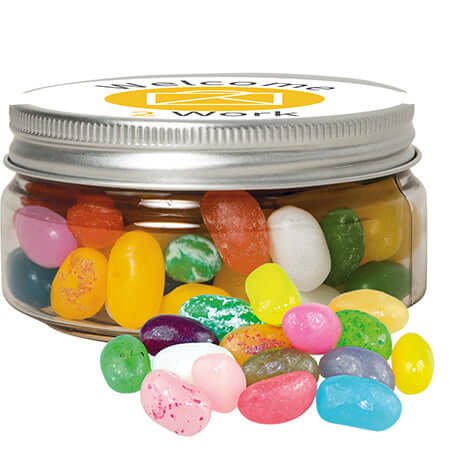 Jelly beans zoete mix (80 gram) in snoeppotje met etiket