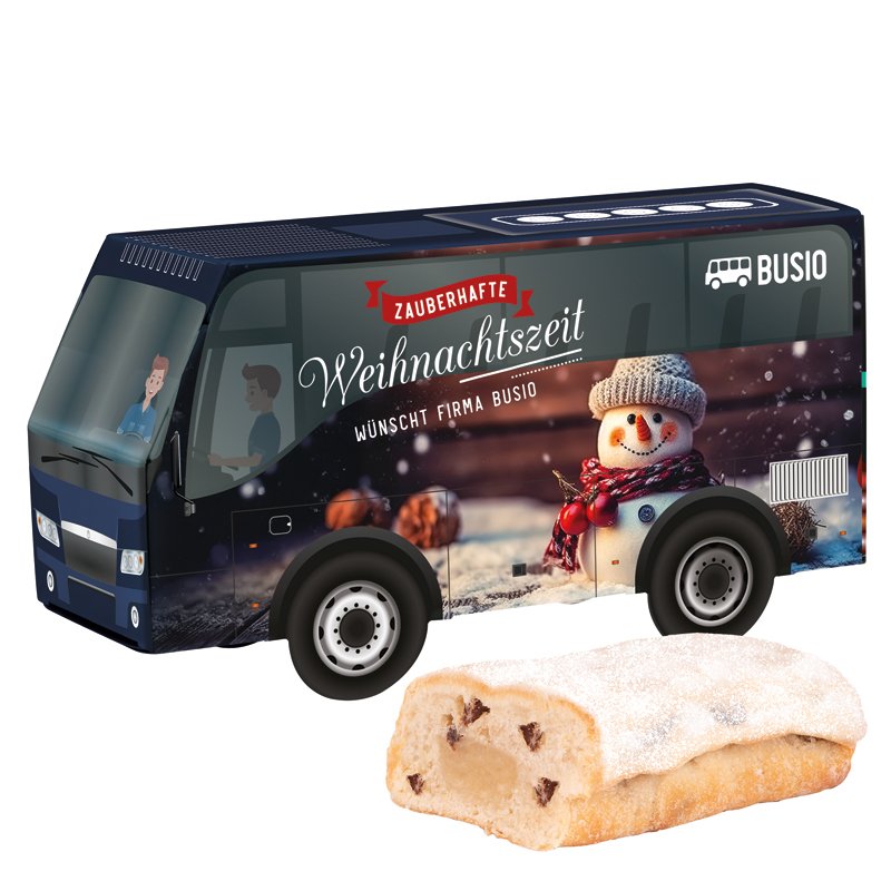 Wit kartonnen 3D-cadeaubus met een KuchenMeister mini-stollen