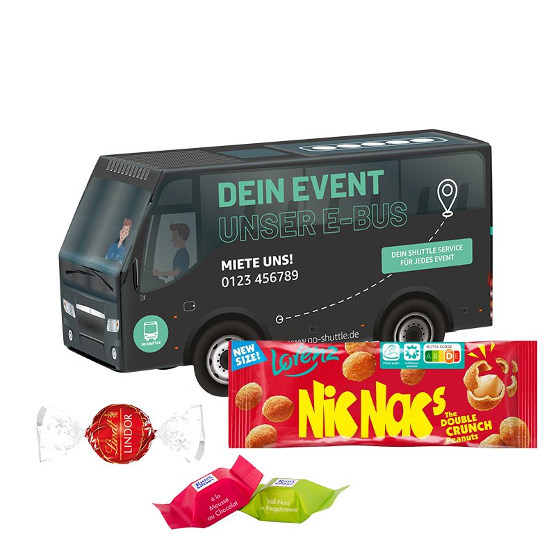 3D busdoosje van wit karton met een lekkernij en eigen ontwerp