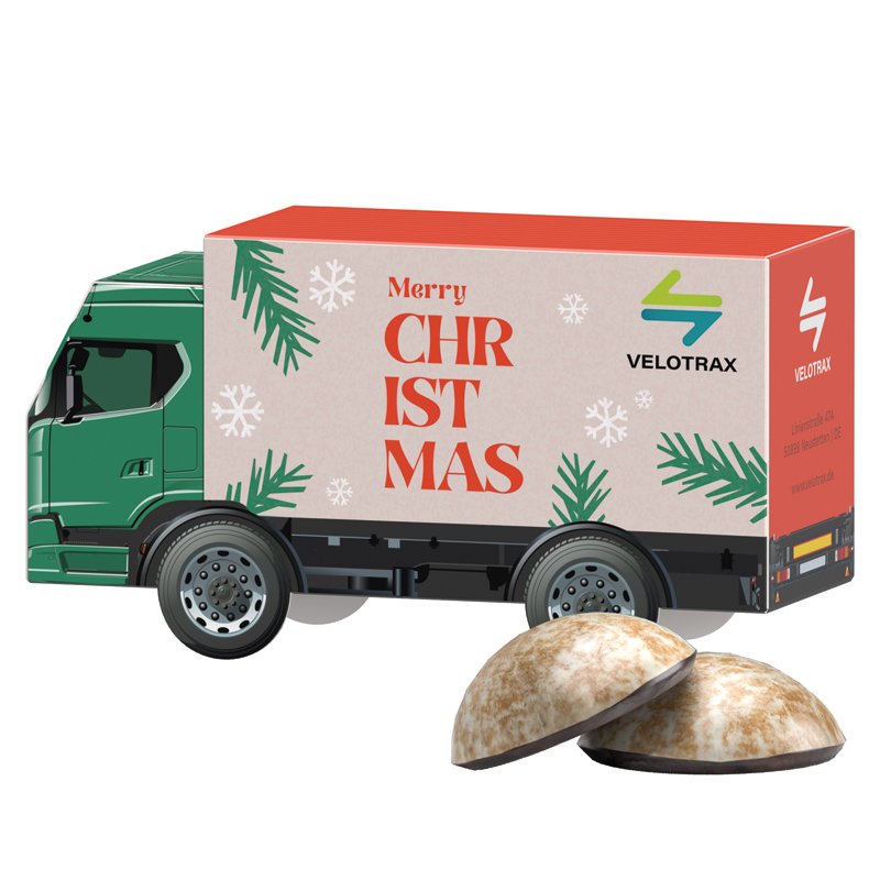 Wit kartonnen 3D-cadeauvrachtwagen met 4 WEISS mini-peperkoekjes met chocoladebodem