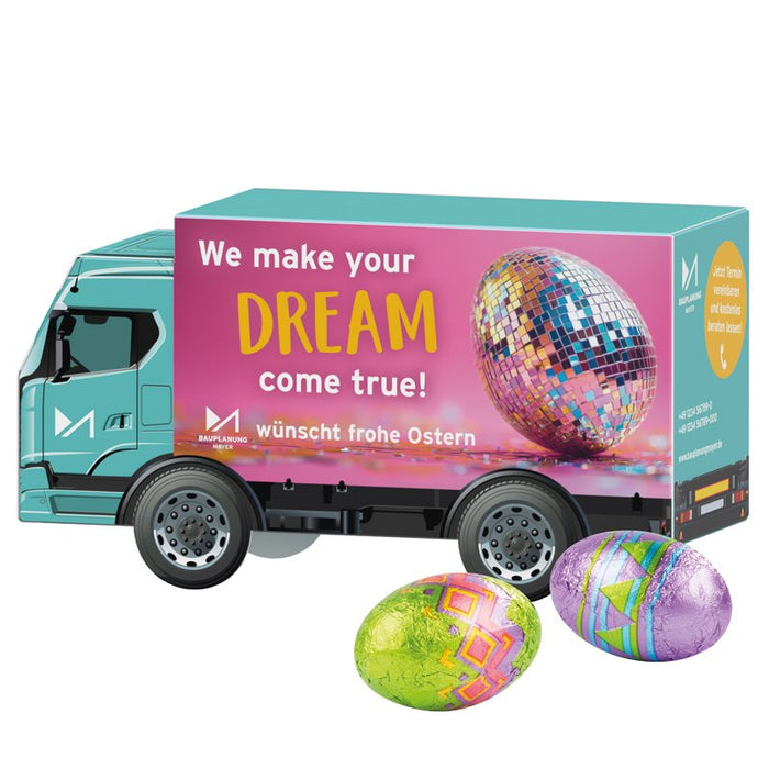 3D-vrachtwagen voor Pasen met Klett-eitjes en logo