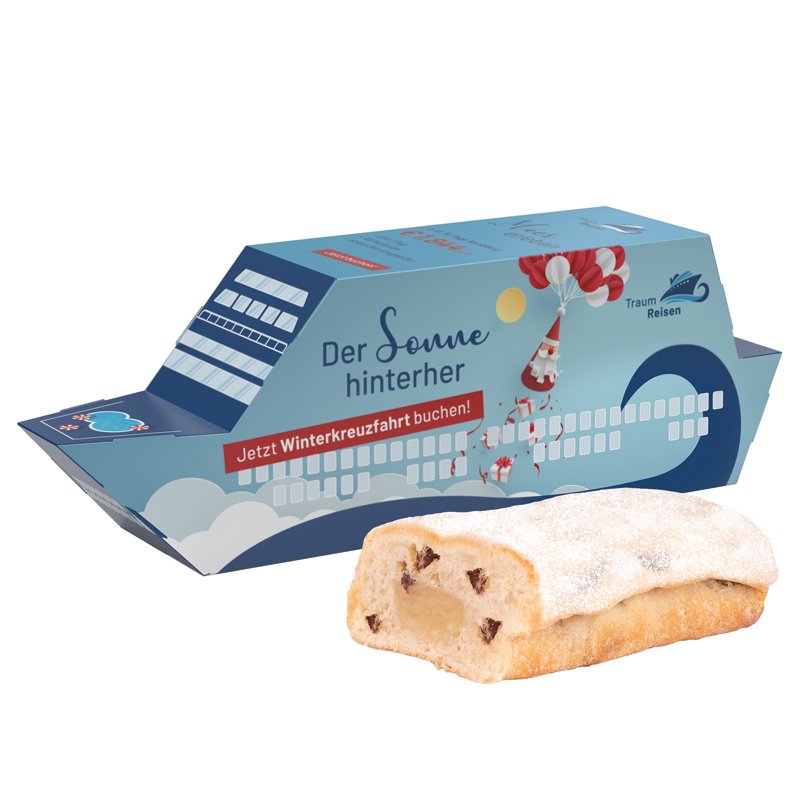 Wit kartonnen 3D-cadeauschip met een KuchenMeister mini-stollen