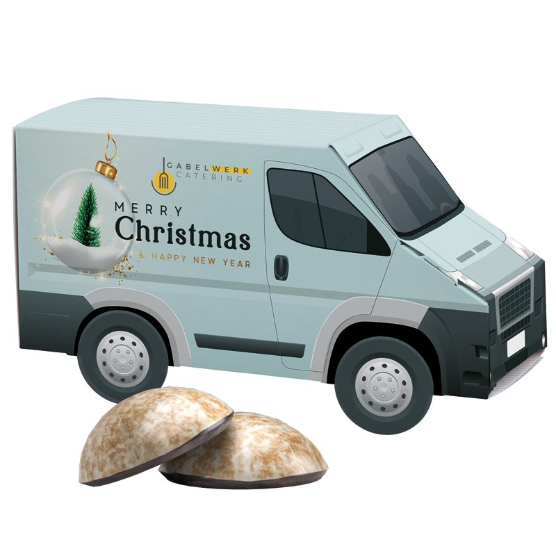Wit kartonnen 3D-cadeaubestelbus met 4 WEISS mini-peperkoekjes met chocoladebodem
