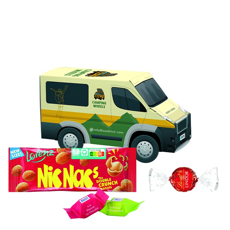 3D bestelbusje van wit karton met een lekkernij en eigen ontwerp