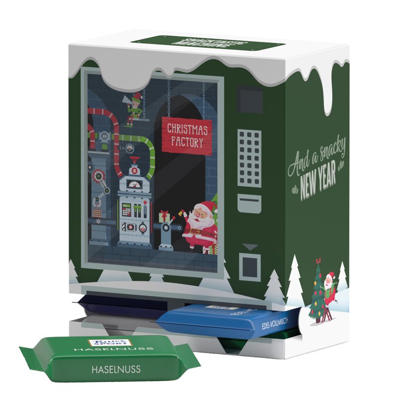 Adventsautomaat van wit karton met Ritter SPORT mini-repen