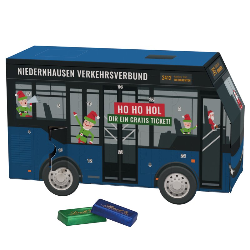 Adventskalender in de vorm van een witte bus met 24 Lindt mini-repen