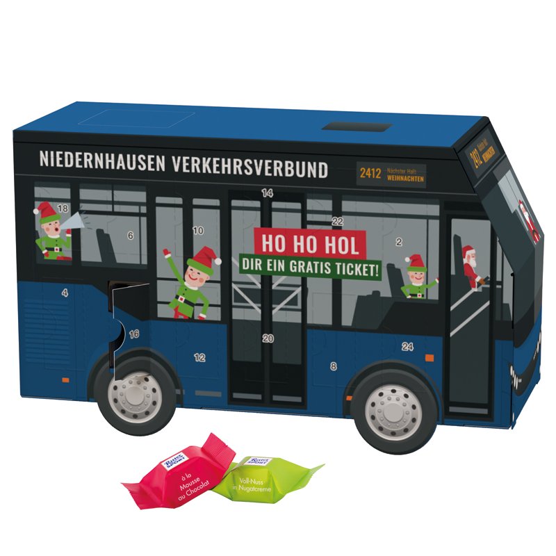 Adventskalender in de vorm van een witte bus met 24 Ritter SPORT chocoladeblokjes