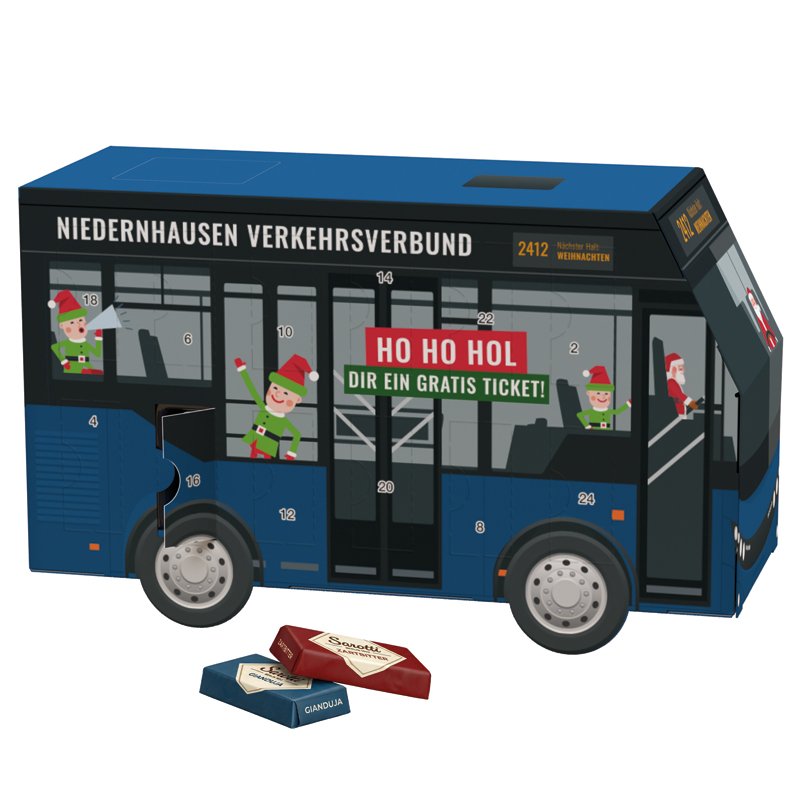Adventskalender in de vorm van een witte bus met 24 Sarotti mini-repen in vier smaken
