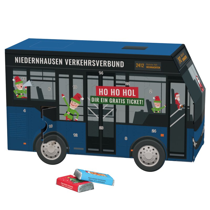 Adventskalender in de vorm van een witte bus met 24 mini-repen met kerstprint
