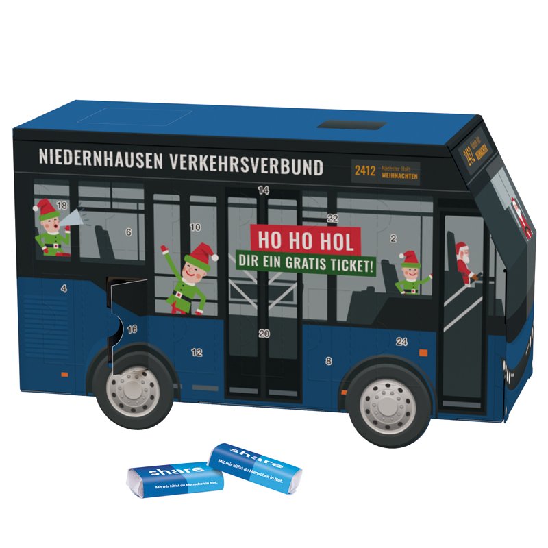 Adventskalender in de vorm van een witte bus met 24 share mini-repen in pergamijnpapier