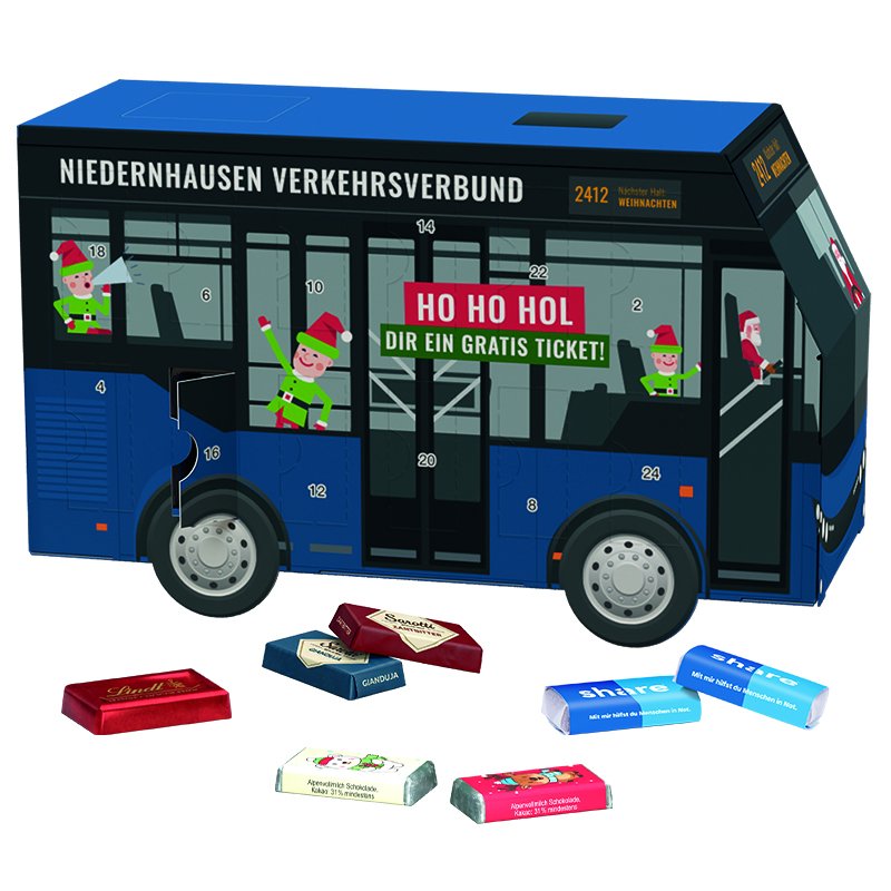 Adventskalender in de vorm van een witte bus, rondom bedrukbaar met een eigen ontwerp