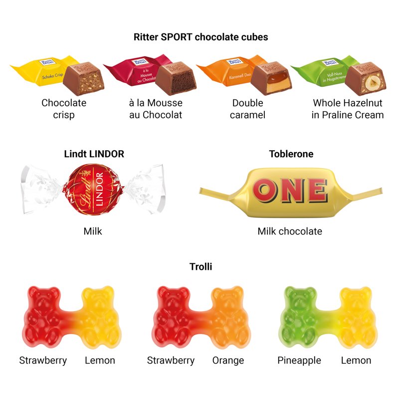 Wandadventskalender ECO L met merkchocolade en logo: Trolli fruitgom