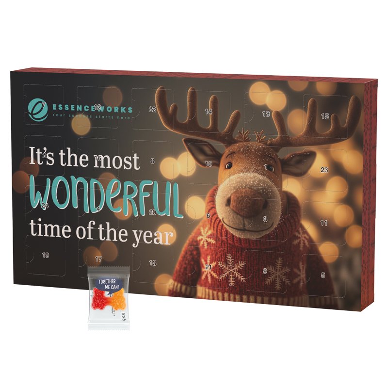Grote witte wandadventskalender met 24 flowpacks Trolli fruitgom