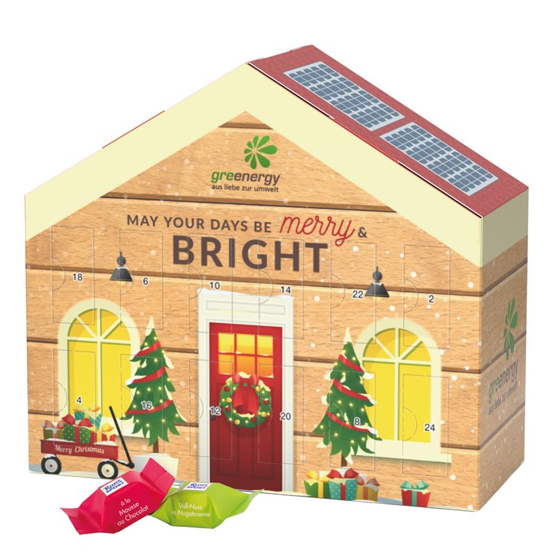 Adventskalender huisje gevuld met Ritter SPORT chocoladeblokjes