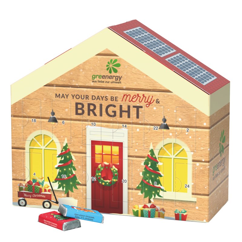 Adventskalender huisje met mini-repen met kerstprint