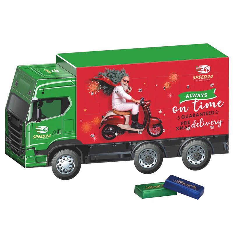 Adventskalender vrachtwagen met Lindt-minirepen