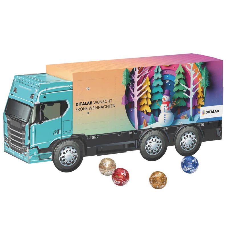 Adventskalender in de vorm van een witte vrachtwagen met 24 Lindt LINDOR-minibolletjes