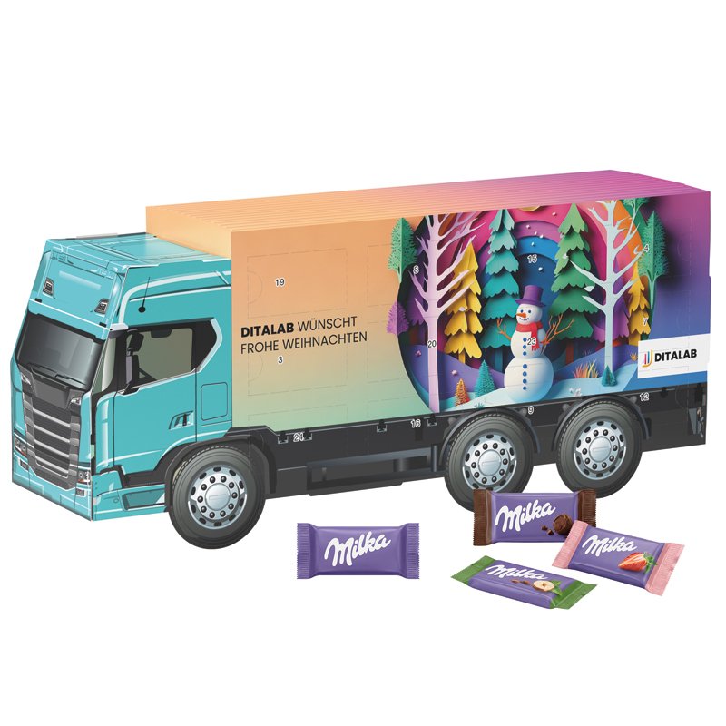 Adventskalender in de vorm van een lange witte vrachtwagen met 24 Milka mini-repen in vier smaken