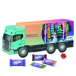 Adventskalender in de vorm van een lange witte vrachtwagen, rondom bedrukbaar met een eigen ontwerp