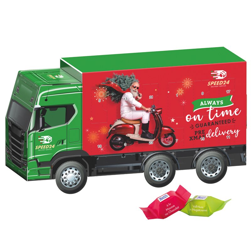 Adventskalender vrachtwagen met Ritter SPORT-chocoladeblokjes
