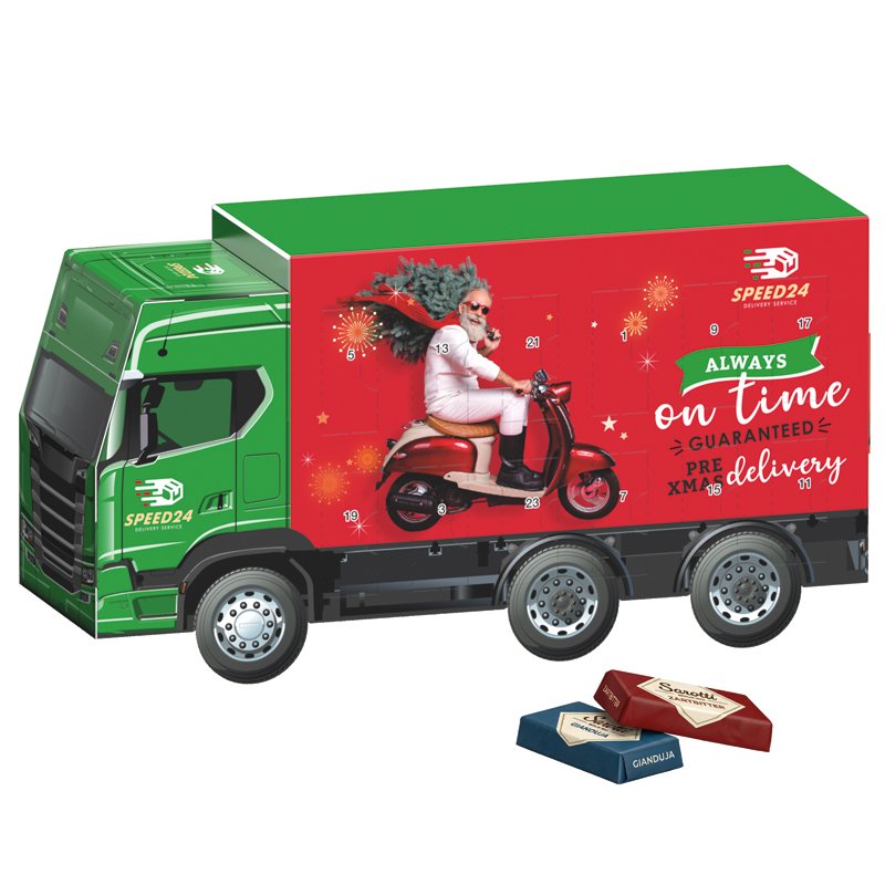 Adventskalender vrachtwagen met Sarotti-minirepen