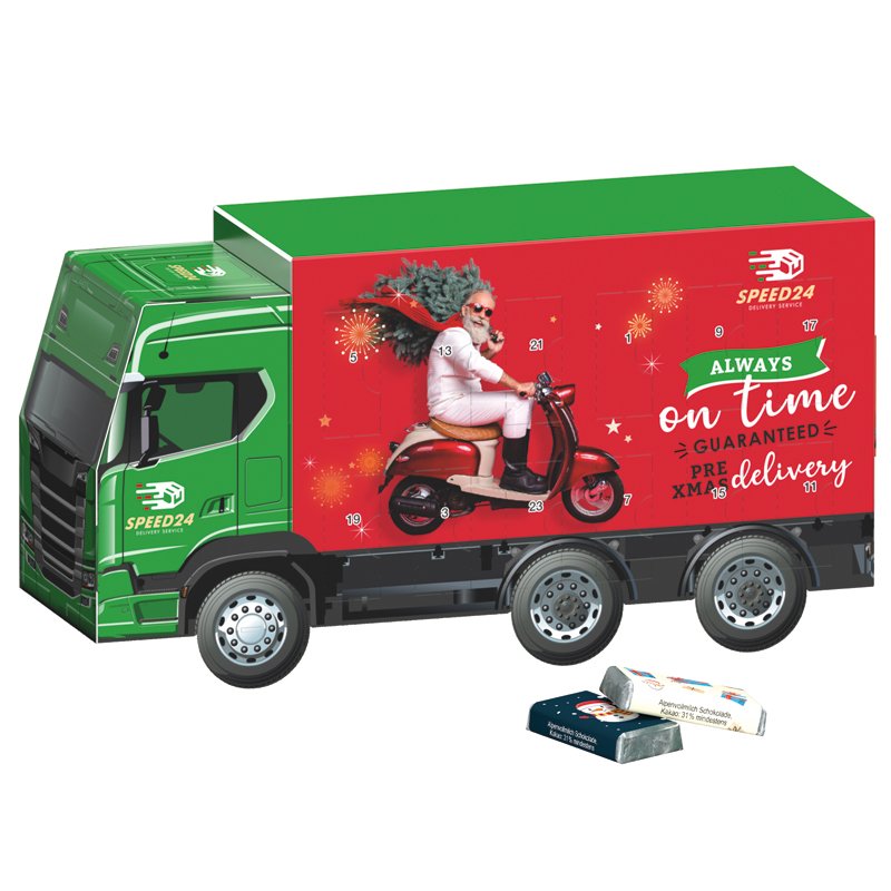 Adventskalender vrachtwagen met chocoladetabletjes met kerstprint