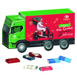Adventskalender in de vorm van een vrachtwagen, rondom bedrukt