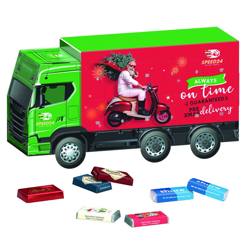 Adventskalender in de vorm van een vrachtwagen, rondom bedrukt