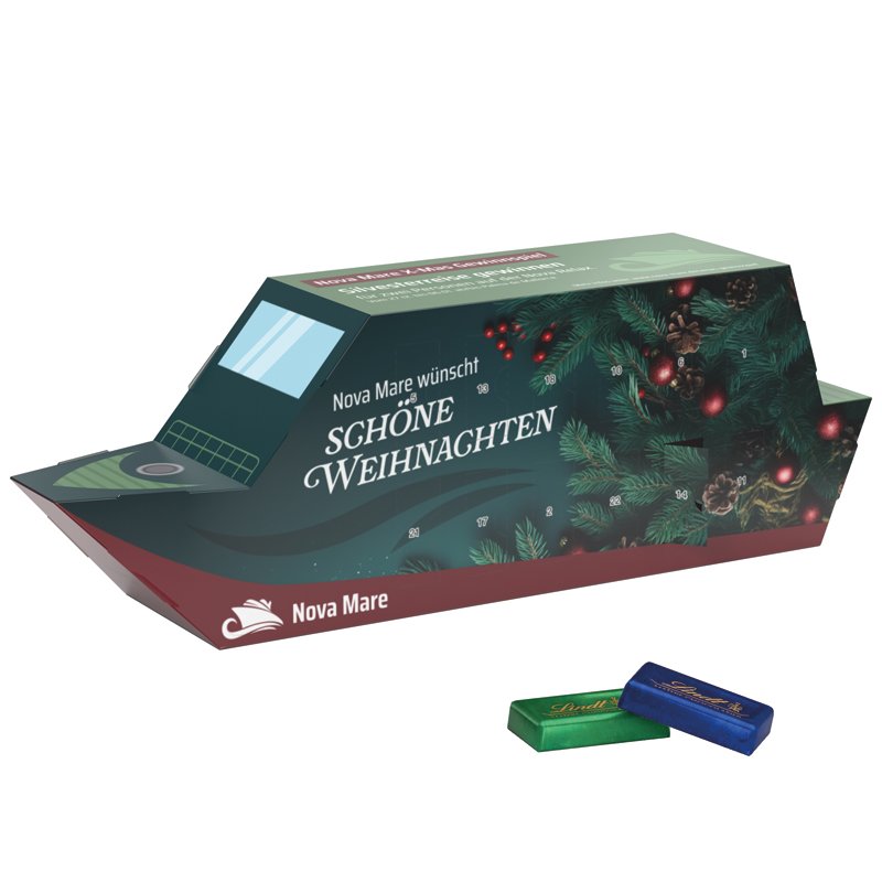 Adventskalender in de vorm van een wit schip met 24 Lindt mini-repen