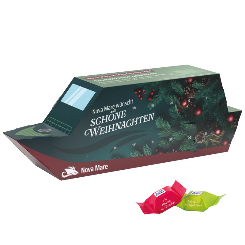 Adventskalender in de vorm van een wit schip met 24 Ritter SPORT chocoladeblokjes