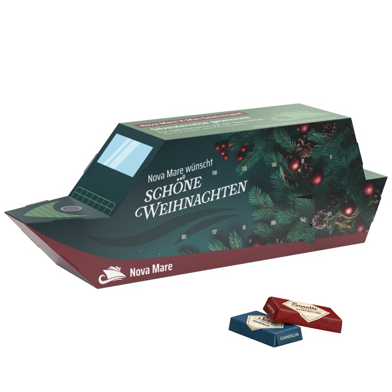 Adventskalender in de vorm van een wit schip met 24 Sarotti mini-repen in vier smaken