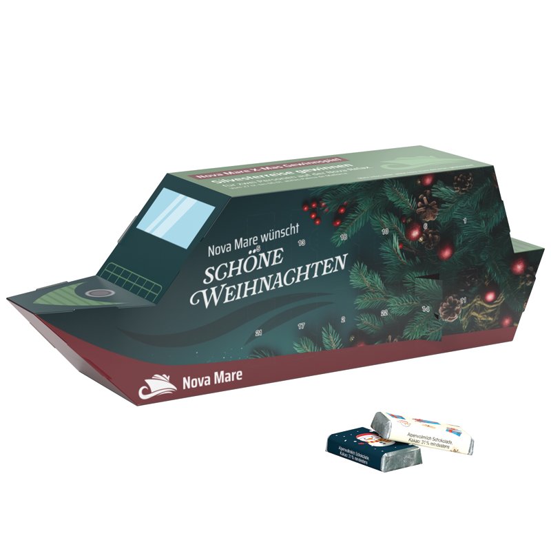Adventskalender in de vorm van een wit schip met 24 mini-repen met kerstprint