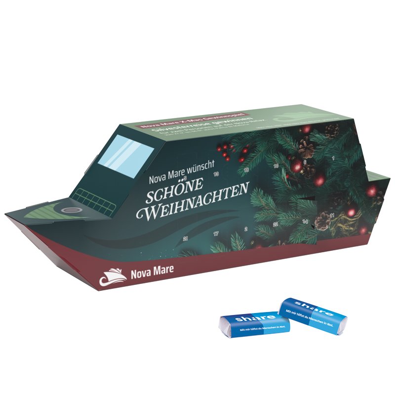 Adventskalender in de vorm van een wit schip met 24 share mini-repen in pergamijnpapier